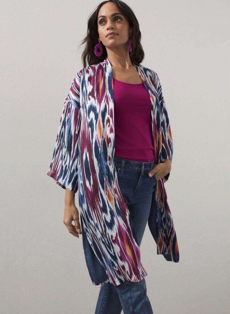 Chico's Jacket Duster kimono silky cardigan vacation resort bohemian artsy XS